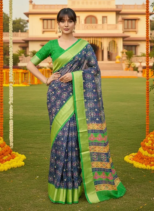 Navy_Blue_Organza_Jacquard_Woven_Ikkat_Saree_For_Women_|_With_Blouse_Piece