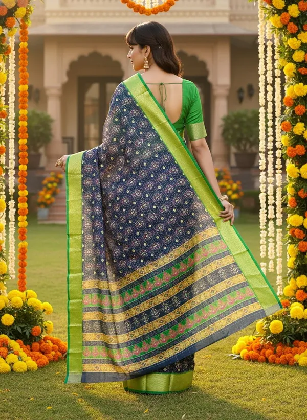 Navy_Blue_Organza_Jacquard_Woven_Ikkat_Saree_For_Women_|_With_Blouse_Piece