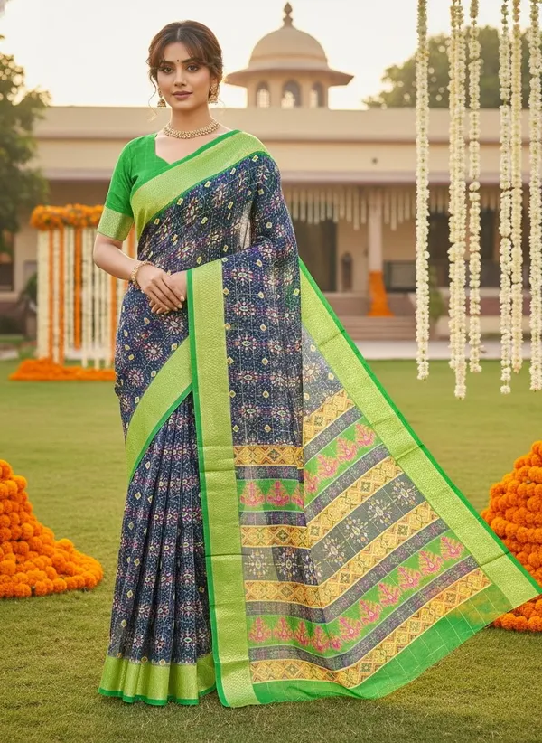 Navy_Blue_Organza_Jacquard_Woven_Ikkat_Saree_For_Women_|_With_Blouse_Piece
