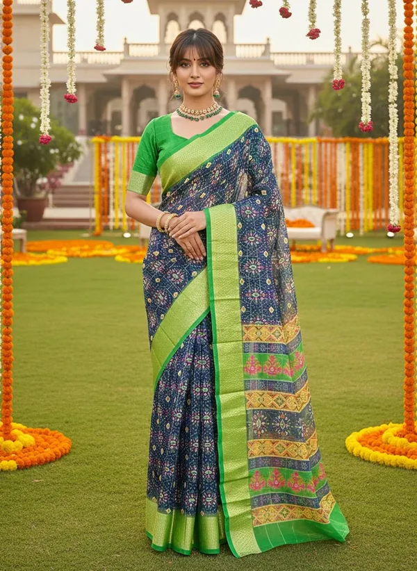 Navy_Blue_Organza_Jacquard_Woven_Ikkat_Saree_For_Women_|_With_Blouse_Piece