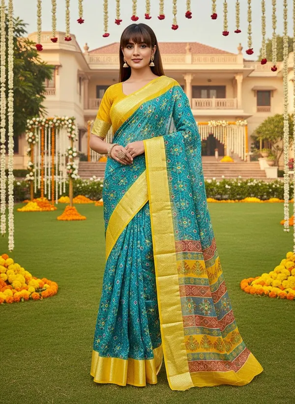 Light_Blue_Organza_Ikkat_Jacquard_Woven_Saree_For_Women_|_With_Blouse_Piece