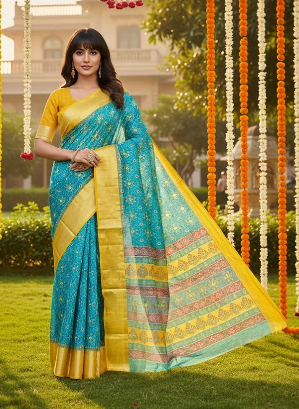 Light_Blue_Organza_Ikkat_Jacquard_Woven_Saree_For_Women_|_With_Blouse_Piece