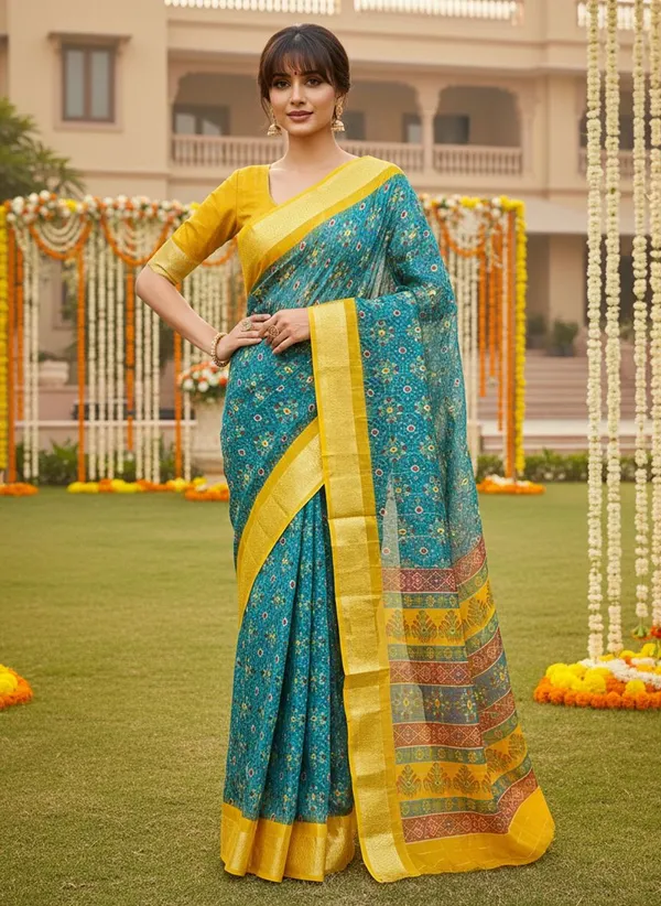 Light_Blue_Organza_Ikkat_Jacquard_Woven_Saree_For_Women_|_With_Blouse_Piece