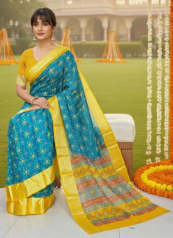 Light_Blue_Organza_Ikkat_Jacquard_Woven_Saree_For_Women_|_With_Blouse_Piece