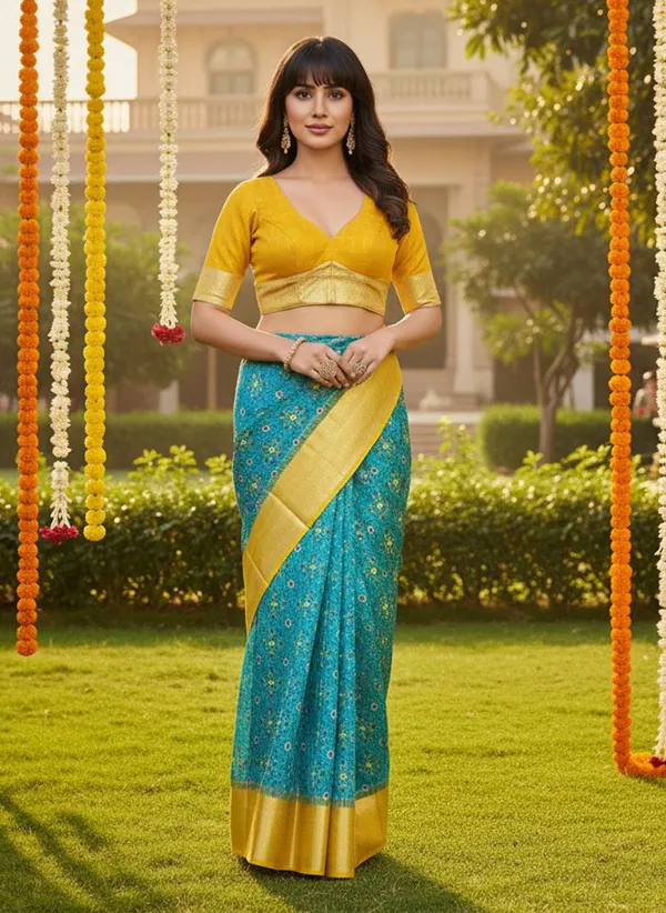 Light_Blue_Organza_Ikkat_Jacquard_Woven_Saree_For_Women_|_With_Blouse_Piece