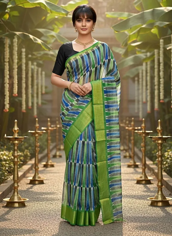 Sariya_Green_Cotton_Silk_Ikat_Printed_Zari_Border_Saree_For_Women_|_With_Blouse_Piece