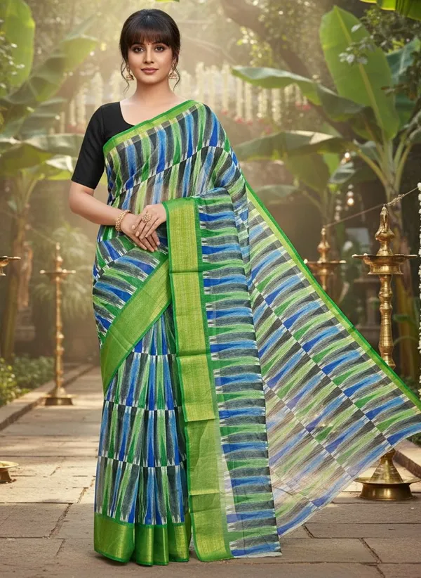 Sariya_Green_Cotton_Silk_Ikat_Printed_Zari_Border_Saree_For_Women_|_With_Blouse_Piece