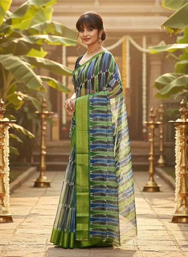 Sariya_Green_Cotton_Silk_Ikat_Printed_Zari_Border_Saree_For_Women_|_With_Blouse_Piece