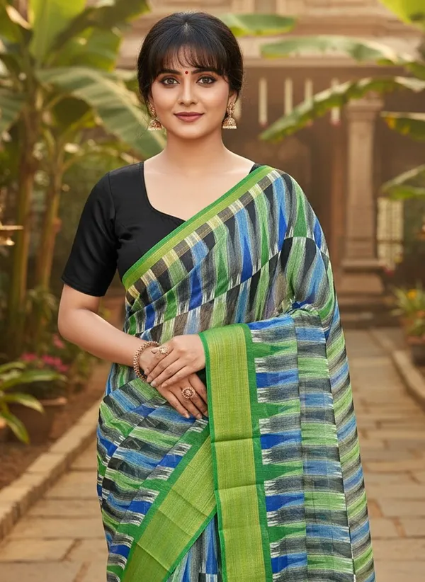 Sariya_Green_Cotton_Silk_Ikat_Printed_Zari_Border_Saree_For_Women_|_With_Blouse_Piece