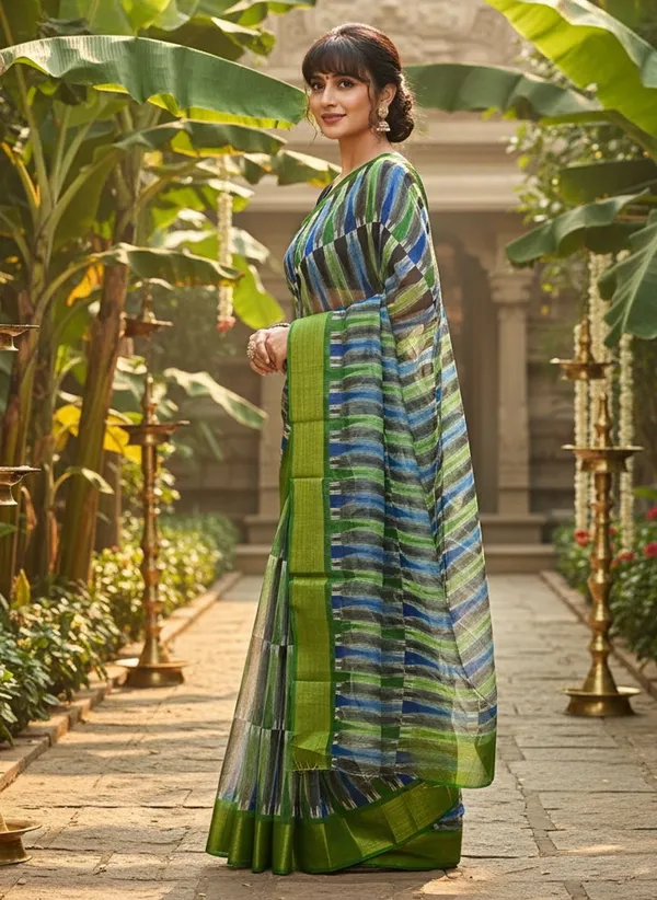 Sariya_Green_Cotton_Silk_Ikat_Printed_Zari_Border_Saree_For_Women_|_With_Blouse_Piece