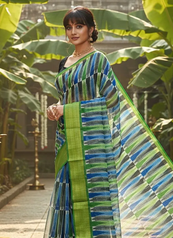 Sariya_Green_Cotton_Silk_Ikat_Printed_Zari_Border_Saree_For_Women_|_With_Blouse_Piece