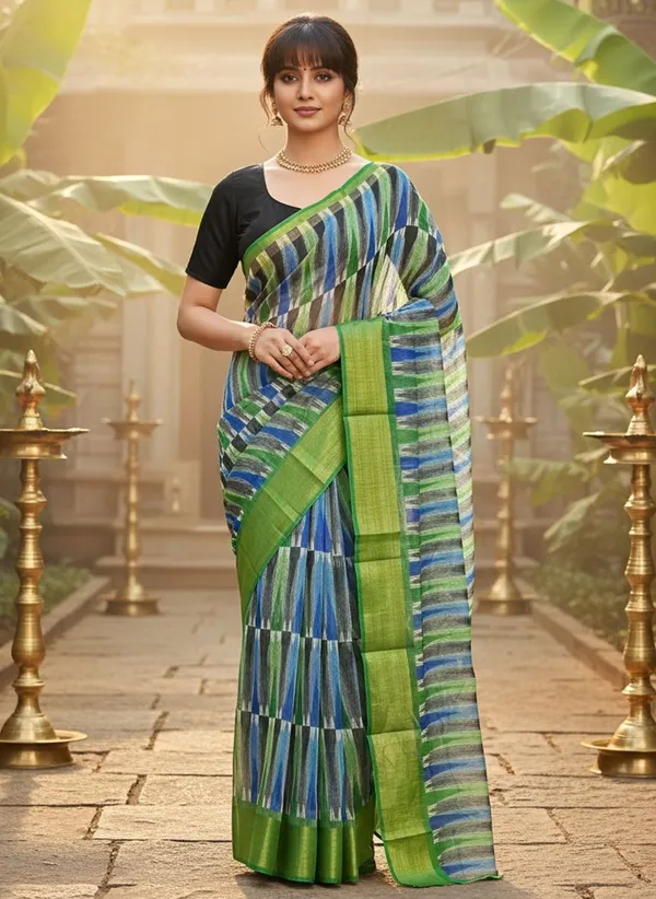 Sariya_Green_Cotton_Silk_Ikat_Printed_Zari_Border_Saree_For_Women_|_With_Blouse_Piece