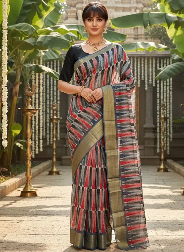 Grey_Cotton_Silk_Printed_Ikkat_Geometric_Saree_For_Women_|_With_Blouse_Piece