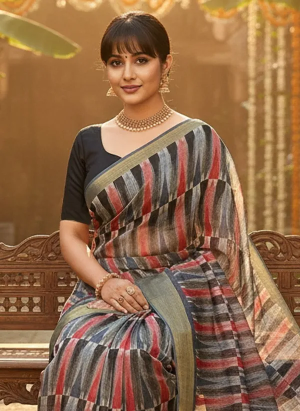 Grey_Cotton_Silk_Printed_Ikkat_Geometric_Saree_For_Women_|_With_Blouse_Piece
