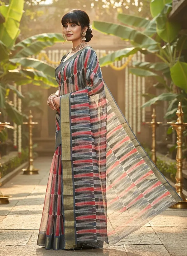 Grey_Cotton_Silk_Printed_Ikkat_Geometric_Saree_For_Women_|_With_Blouse_Piece