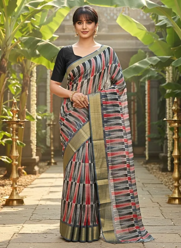 Grey_Cotton_Silk_Printed_Ikkat_Geometric_Saree_For_Women_|_With_Blouse_Piece