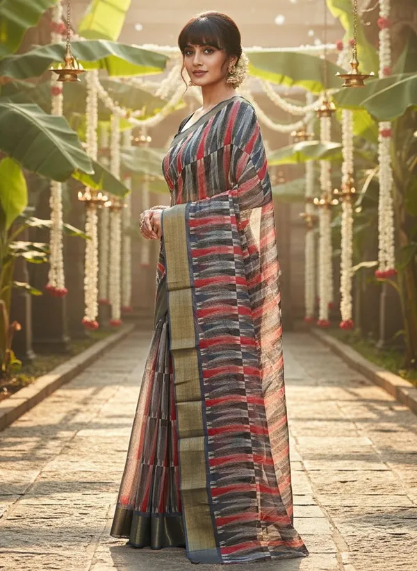Grey_Cotton_Silk_Printed_Ikkat_Geometric_Saree_For_Women_|_With_Blouse_Piece