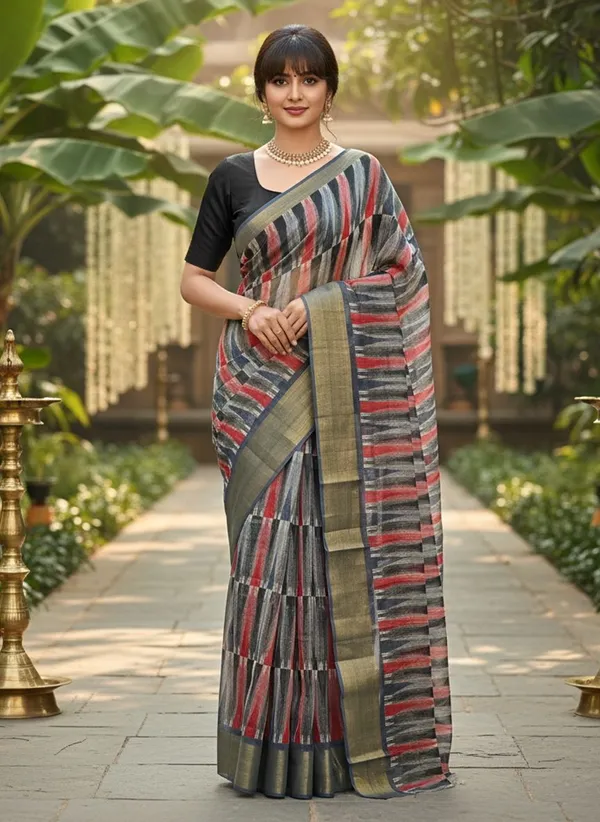 Grey_Cotton_Silk_Printed_Ikkat_Geometric_Saree_For_Women_|_With_Blouse_Piece