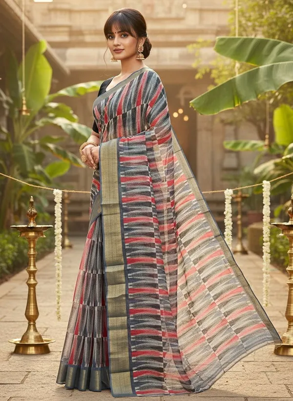 Grey_Cotton_Silk_Printed_Ikkat_Geometric_Saree_For_Women_|_With_Blouse_Piece