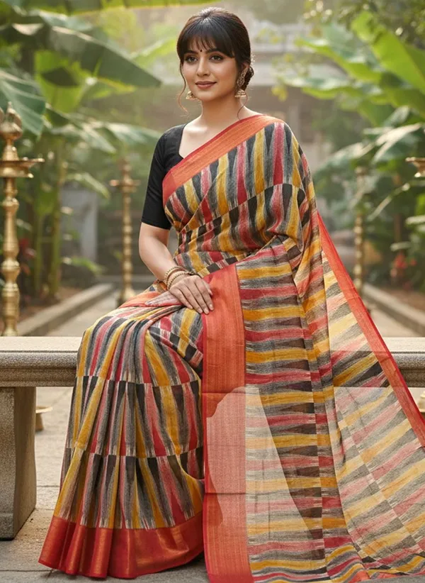 Red_Cotton_Silk_Printed_Ikkat_Geometric_Saree_For_Women_|_With_Blouse_Piece