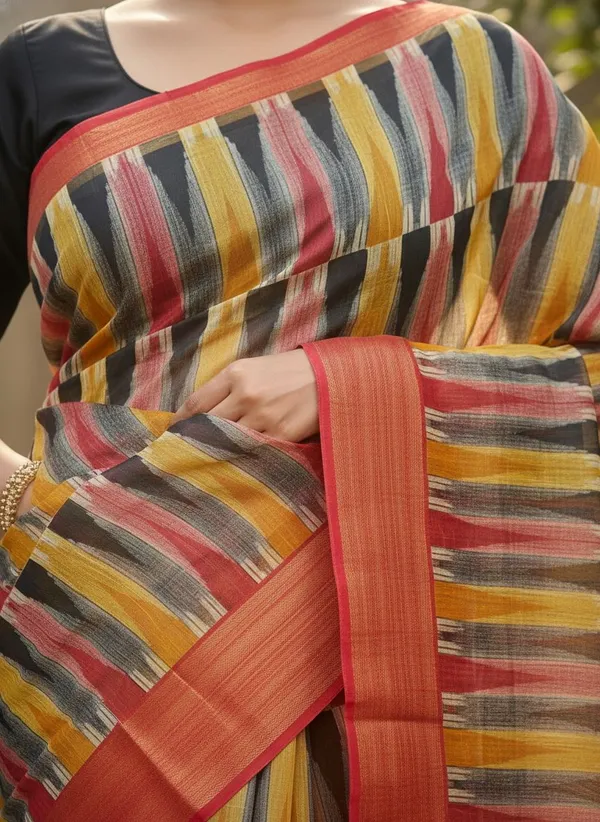 Red_Cotton_Silk_Printed_Ikkat_Geometric_Saree_For_Women_|_With_Blouse_Piece