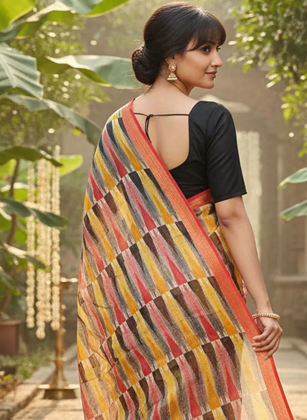 Red_Cotton_Silk_Printed_Ikkat_Geometric_Saree_For_Women_|_With_Blouse_Piece
