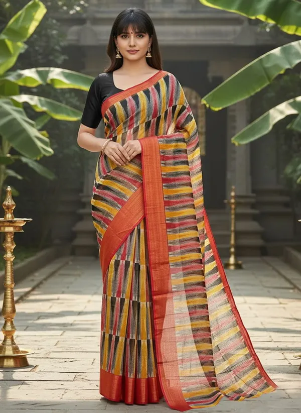 Red_Cotton_Silk_Printed_Ikkat_Geometric_Saree_For_Women_|_With_Blouse_Piece