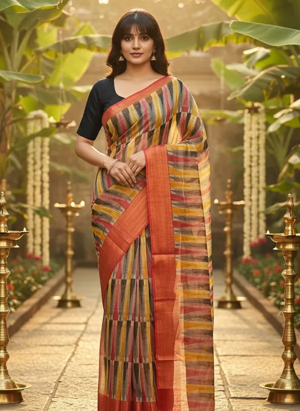 Red_Cotton_Silk_Printed_Ikkat_Geometric_Saree_For_Women_|_With_Blouse_Piece