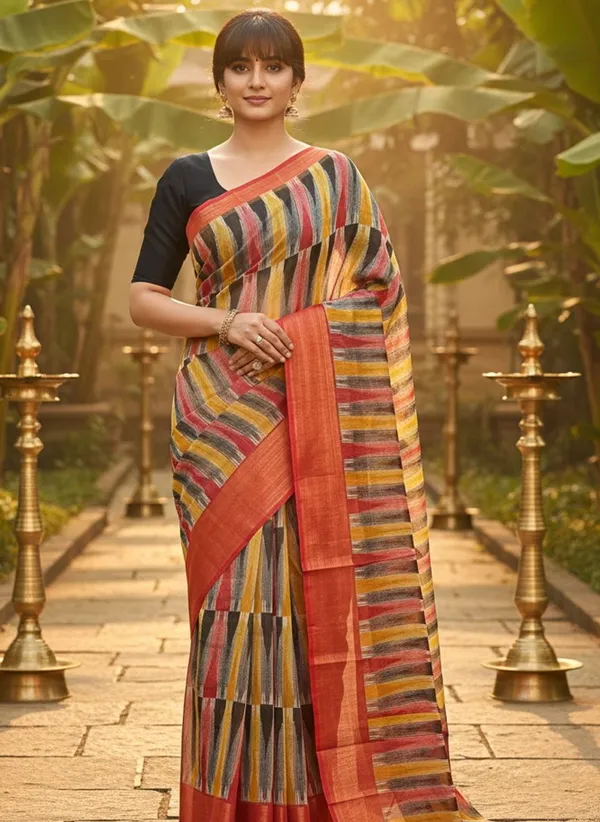 Red_Cotton_Silk_Printed_Ikkat_Geometric_Saree_For_Women_|_With_Blouse_Piece