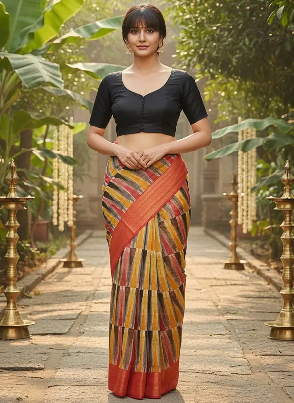 Red_Cotton_Silk_Printed_Ikkat_Geometric_Saree_For_Women_|_With_Blouse_Piece