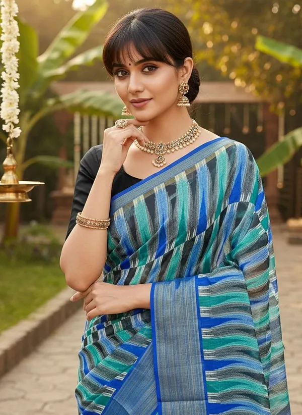 Blue_Cotton_Silk_Ikkat_Printed_Saree_For_Women_|_With_Blouse_Piece