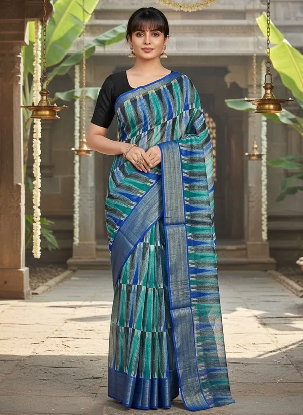 Blue_Cotton_Silk_Ikkat_Printed_Saree_For_Women_|_With_Blouse_Piece