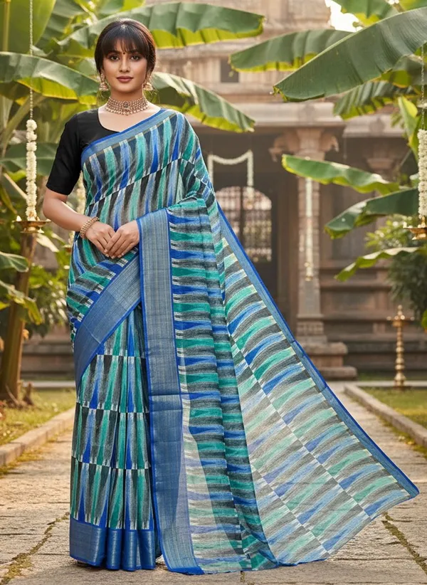 Blue_Cotton_Silk_Ikkat_Printed_Saree_For_Women_|_With_Blouse_Piece