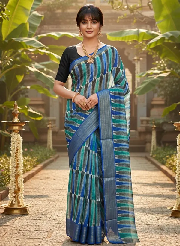 Blue_Cotton_Silk_Ikkat_Printed_Saree_For_Women_|_With_Blouse_Piece