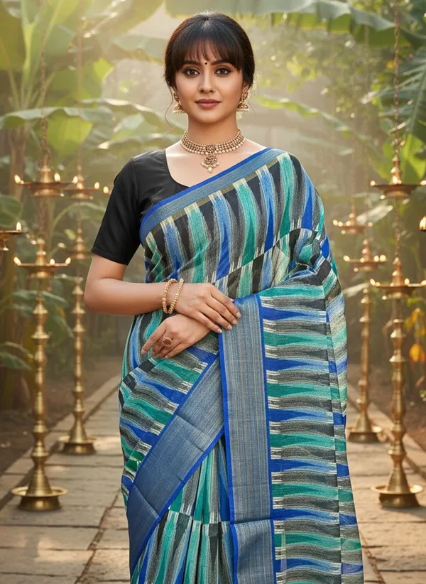 Blue_Cotton_Silk_Ikkat_Printed_Saree_For_Women_|_With_Blouse_Piece