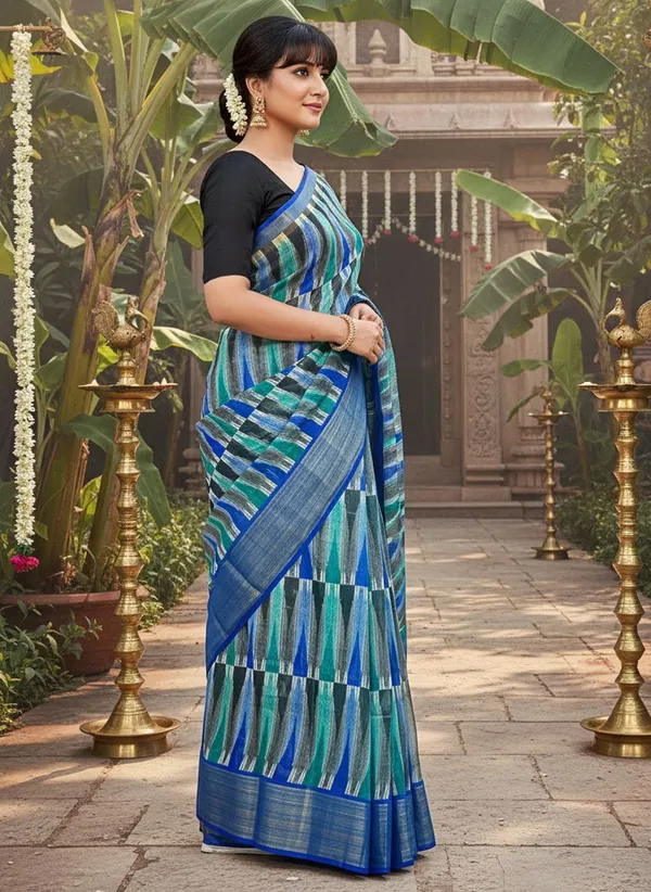 Blue_Cotton_Silk_Ikkat_Printed_Saree_For_Women_|_With_Blouse_Piece