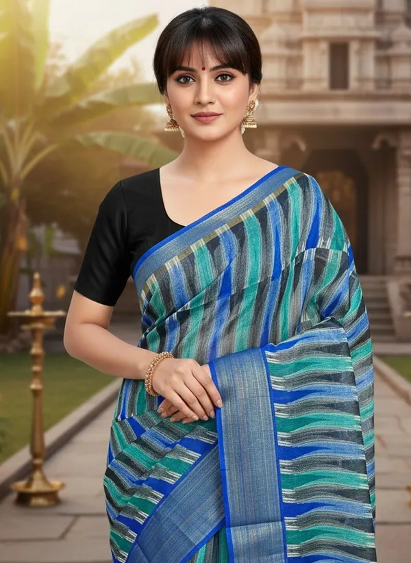 Blue_Cotton_Silk_Ikkat_Printed_Saree_For_Women_|_With_Blouse_Piece