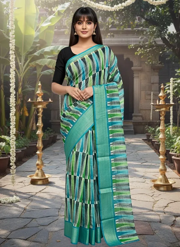 Teal_Cotton_Silk_Ikkat_Geometric_Printed_Zari_Border_Saree_For_Women_|_With_Blouse_Piece