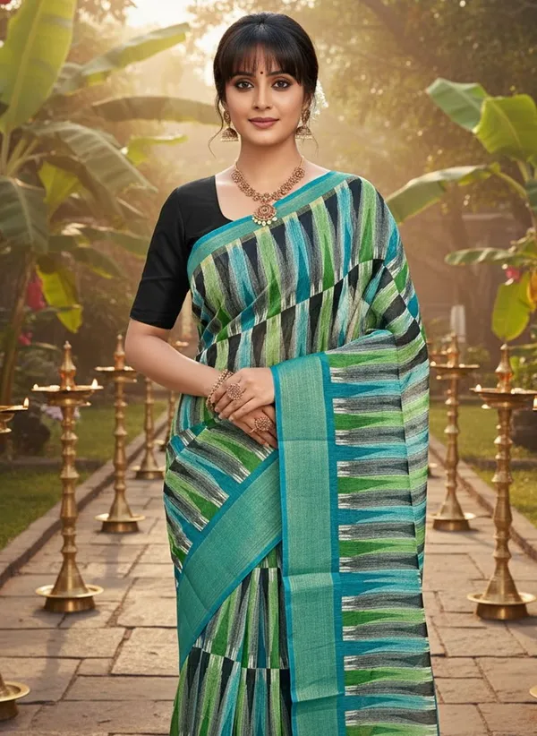 Teal_Cotton_Silk_Ikkat_Geometric_Printed_Zari_Border_Saree_For_Women_|_With_Blouse_Piece