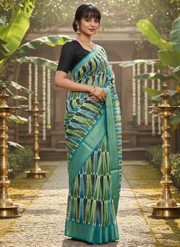 Teal_Cotton_Silk_Ikkat_Geometric_Printed_Zari_Border_Saree_For_Women_|_With_Blouse_Piece