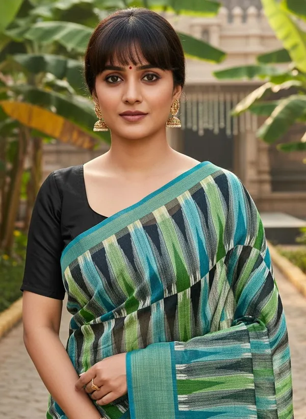 Teal_Cotton_Silk_Ikkat_Geometric_Printed_Zari_Border_Saree_For_Women_|_With_Blouse_Piece