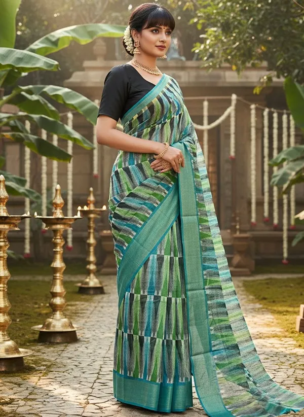 Teal_Cotton_Silk_Ikkat_Geometric_Printed_Zari_Border_Saree_For_Women_|_With_Blouse_Piece