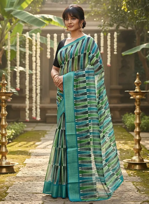 Teal_Cotton_Silk_Ikkat_Geometric_Printed_Zari_Border_Saree_For_Women_|_With_Blouse_Piece