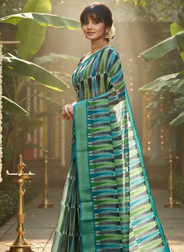 Teal_Cotton_Silk_Ikkat_Geometric_Printed_Zari_Border_Saree_For_Women_|_With_Blouse_Piece