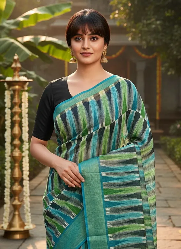 Teal_Cotton_Silk_Ikkat_Geometric_Printed_Zari_Border_Saree_For_Women_|_With_Blouse_Piece