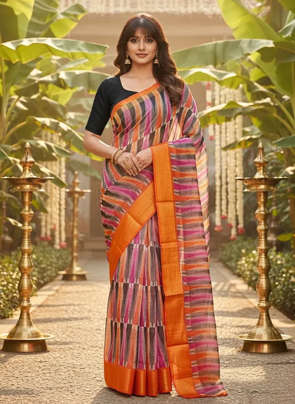 Orange_Cotton_Silk_Ikkat_Printed_Saree_For_Women_|_With_Blouse_Piece