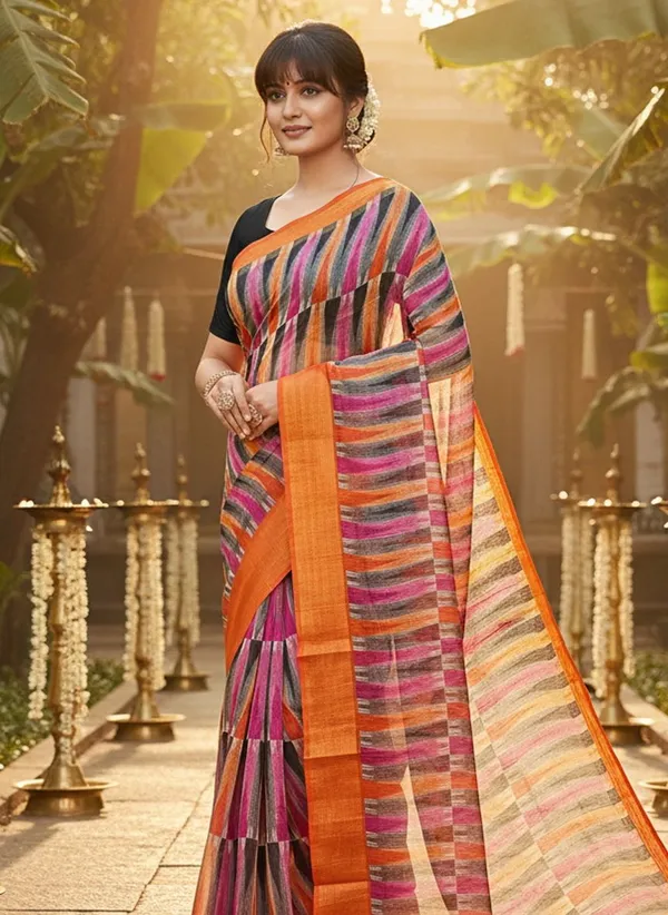 Orange_Cotton_Silk_Ikkat_Printed_Saree_For_Women_|_With_Blouse_Piece