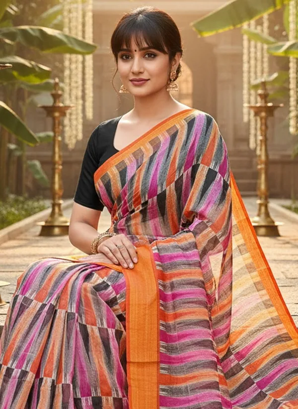 Orange_Cotton_Silk_Ikkat_Printed_Saree_For_Women_|_With_Blouse_Piece