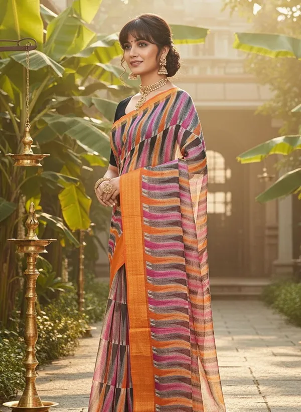 Orange_Cotton_Silk_Ikkat_Printed_Saree_For_Women_|_With_Blouse_Piece