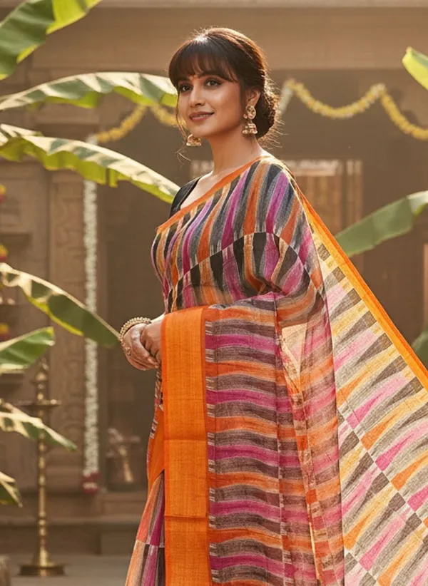 Orange_Cotton_Silk_Ikkat_Printed_Saree_For_Women_|_With_Blouse_Piece